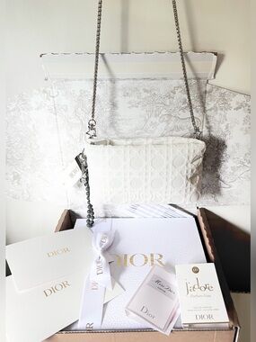 Dior Beauty White Cannage Fuzzy Cosmetic Pouch Makeup + Bag Box Gift Card Straps